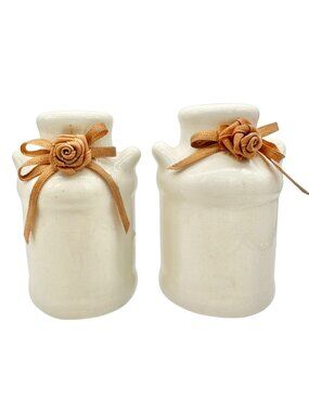 Vintage Ceramic Salt and Pepper Shakers Ribbon Rose Design Creamy Glaze Finish